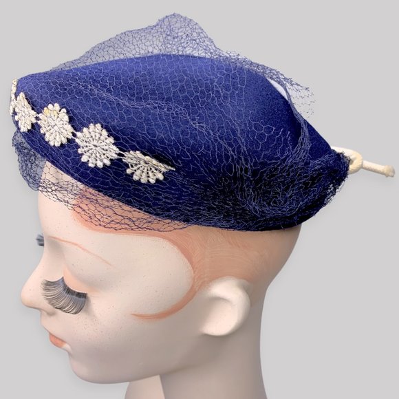 Vintage Blue Virgin Wool Felt Embroidered Beret Tam Cap Hat WWII main image 2